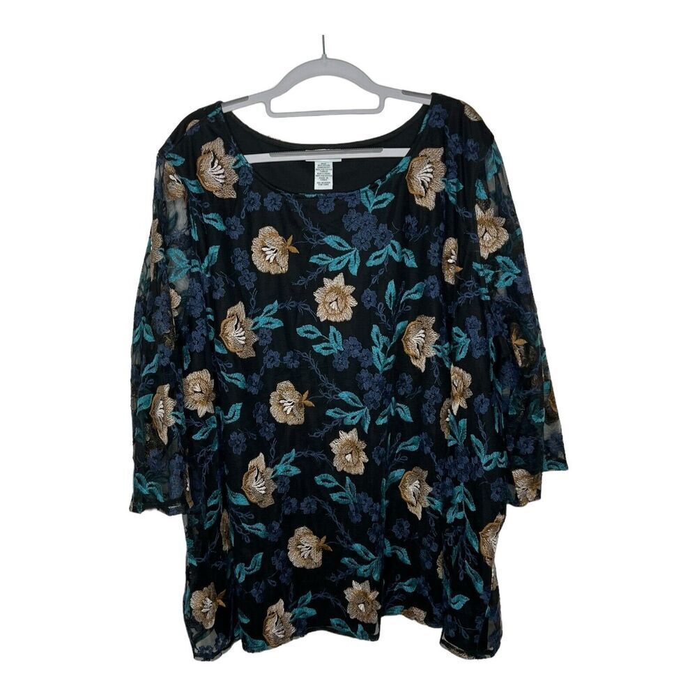 Catherines Top Womens 3X Embroidered Floral Overlay Textured‎ Fairy Grunge Boho